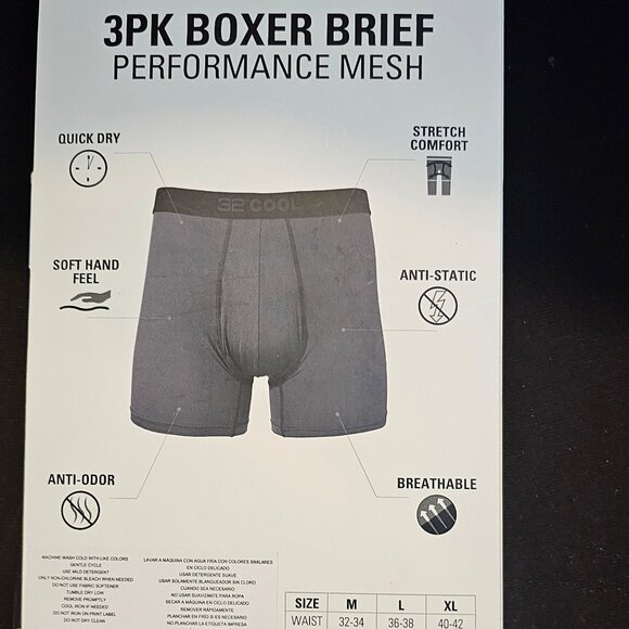 Mens 32 Degrees Cool 3-Pack Comfort Mesh Boxer Brief, Black Size M - Picture 2 of 3